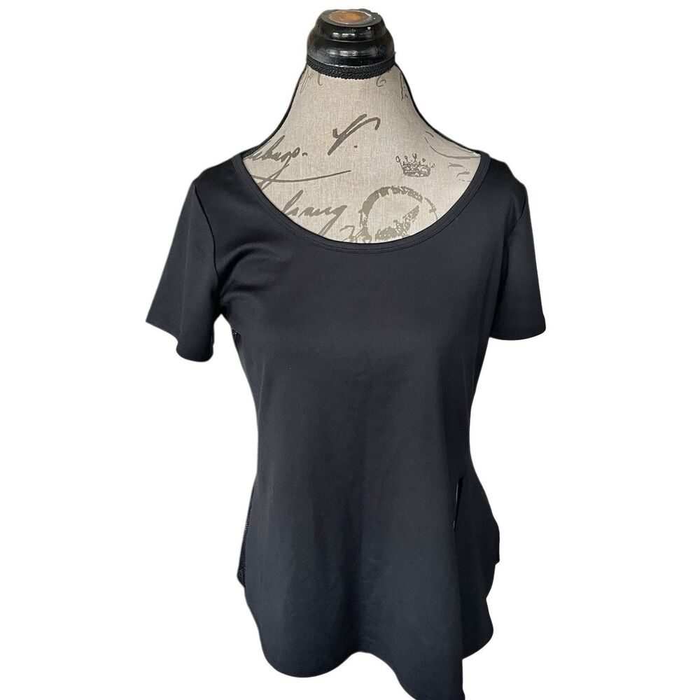Justfab Active Womens Blouse Black Mesh Short Sleeve Asymmetric Side Slit Size S
